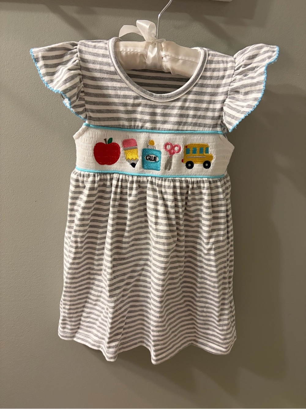 Girls' smocked back to school. Gray & White Striped Dress